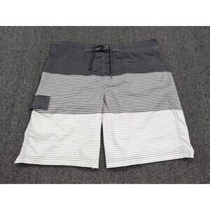 George Men's Black Gray Striped Board Shorts Swim Trunks Lined Size Large